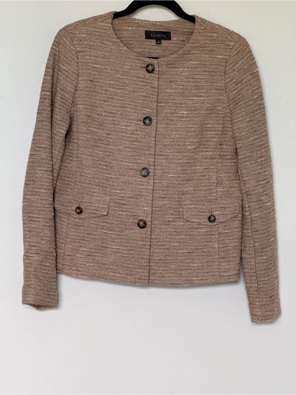 Talbots Taupe Textured Tweed Knit Jacket Blazer Button Front Lined
